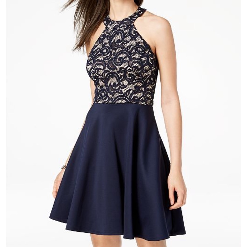 Juniors' Strappy Lace Halter Fit & Flare Dress